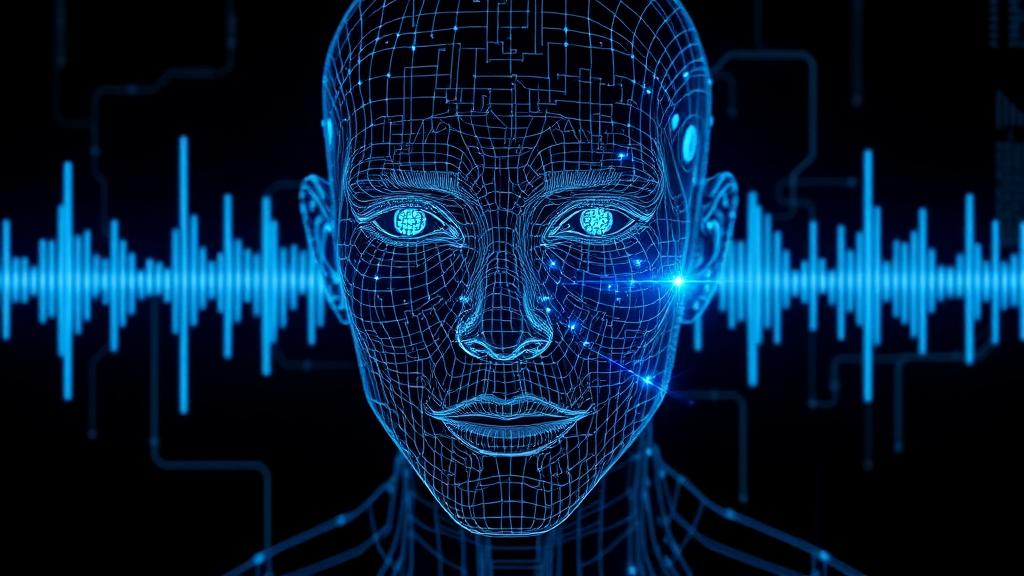 Wireframe digital human face overlaid with an audio waveform on a dark blue cyber background, illustrating an AI deepfake and voice-clone scam.