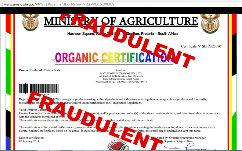 Fraudulent "Ministry of Agriculture / Organic Certification" document published in the name of Max Sangtum Trading (Pty) Ltd, 68 Stanford Rd, Bethelsdorp, Port Elizabeth — the same address used in the maxsangtumtrading.net WHOIS record. The document is stamped FRAUDULENT and is referenced in USDA AMS records.