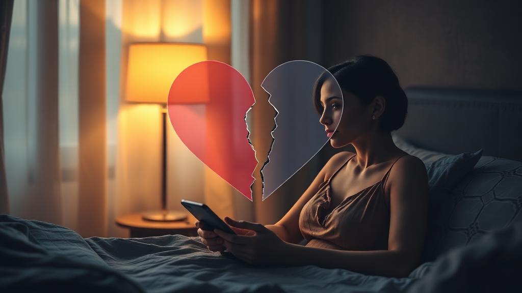 Editorial photo of a woman alone on a bed at night holding her phone, with a glowing heart-shaped chat bubble cracking apart in the air — illustrating online romance fraud.