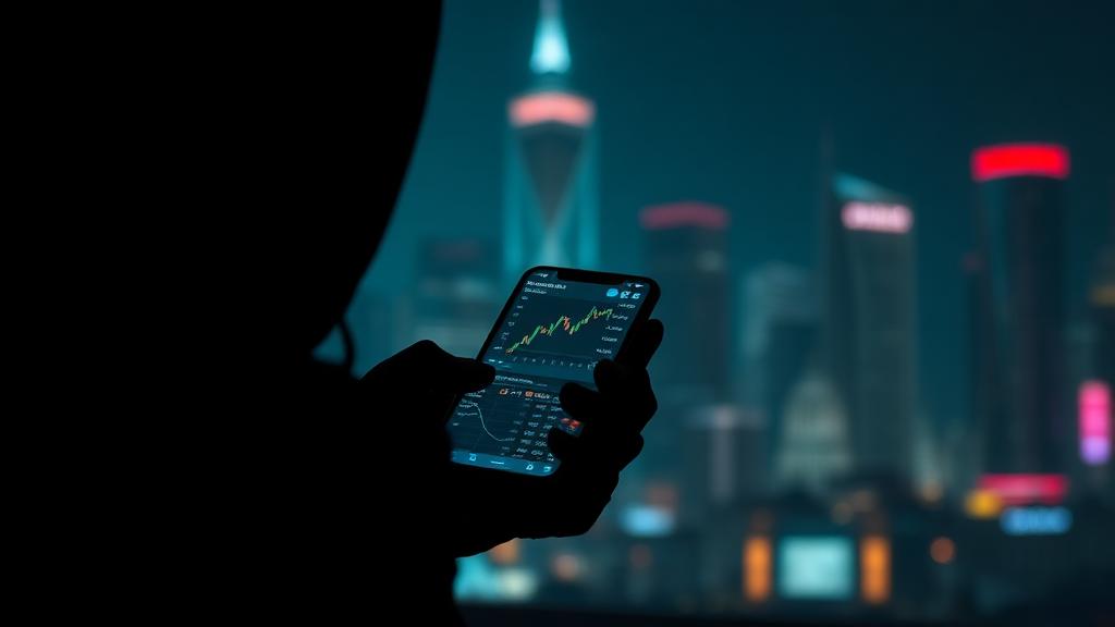 Silhouette of a person at night holding a phone that shows a fake crypto trading dashboard, a neon Southeast Asian skyline blurred in the background — illustrating a pig-butchering scam in progress.