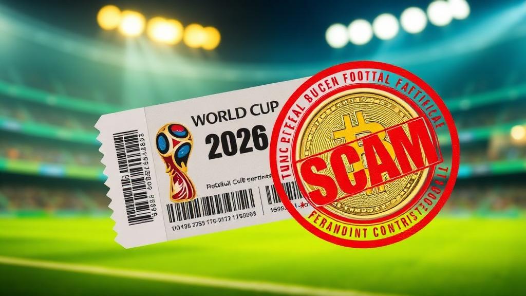 Editorial photo of a fake 2026 World Cup ticket and a gold crypto coin stamped with a red SCAM watermark, blurred stadium lights in the background — illustrating event-related fraud.