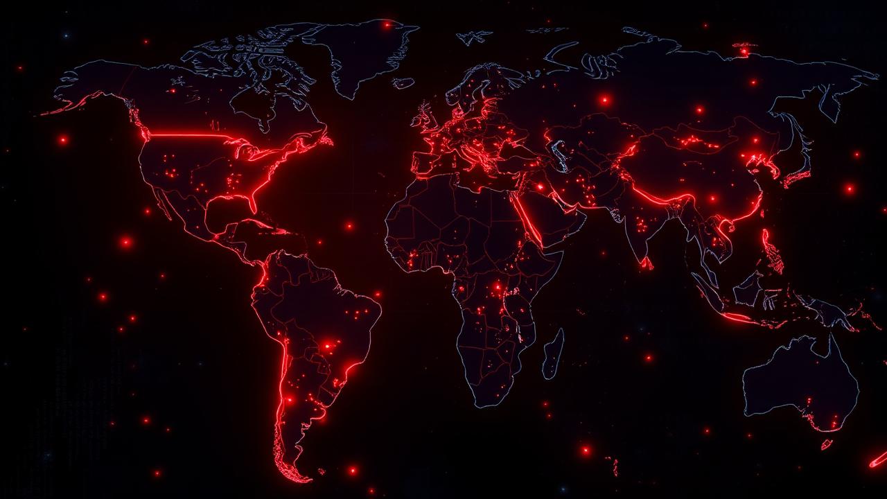 Dark world map glowing with red fraud-alert pulses across Southeast Asia, West Africa, Europe, and the Americas, symbolising the global scam economy in 2026.