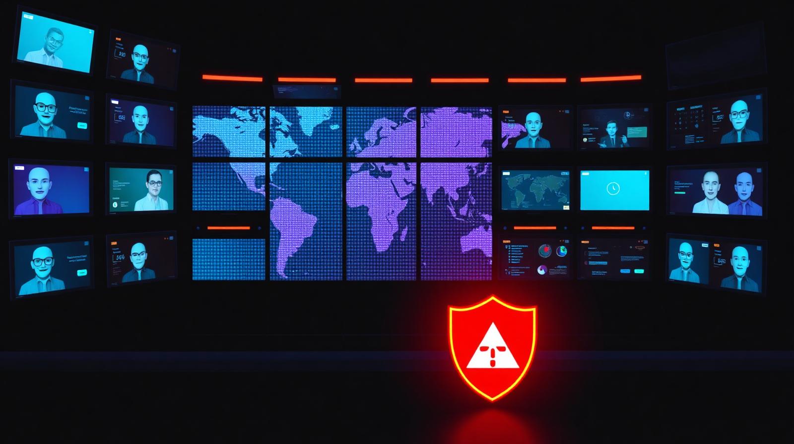 Wall of monitors inside a scam compound showing AI-generated fake profile faces, chat dashboards and a world map, with a red fraud warning shield in front.
