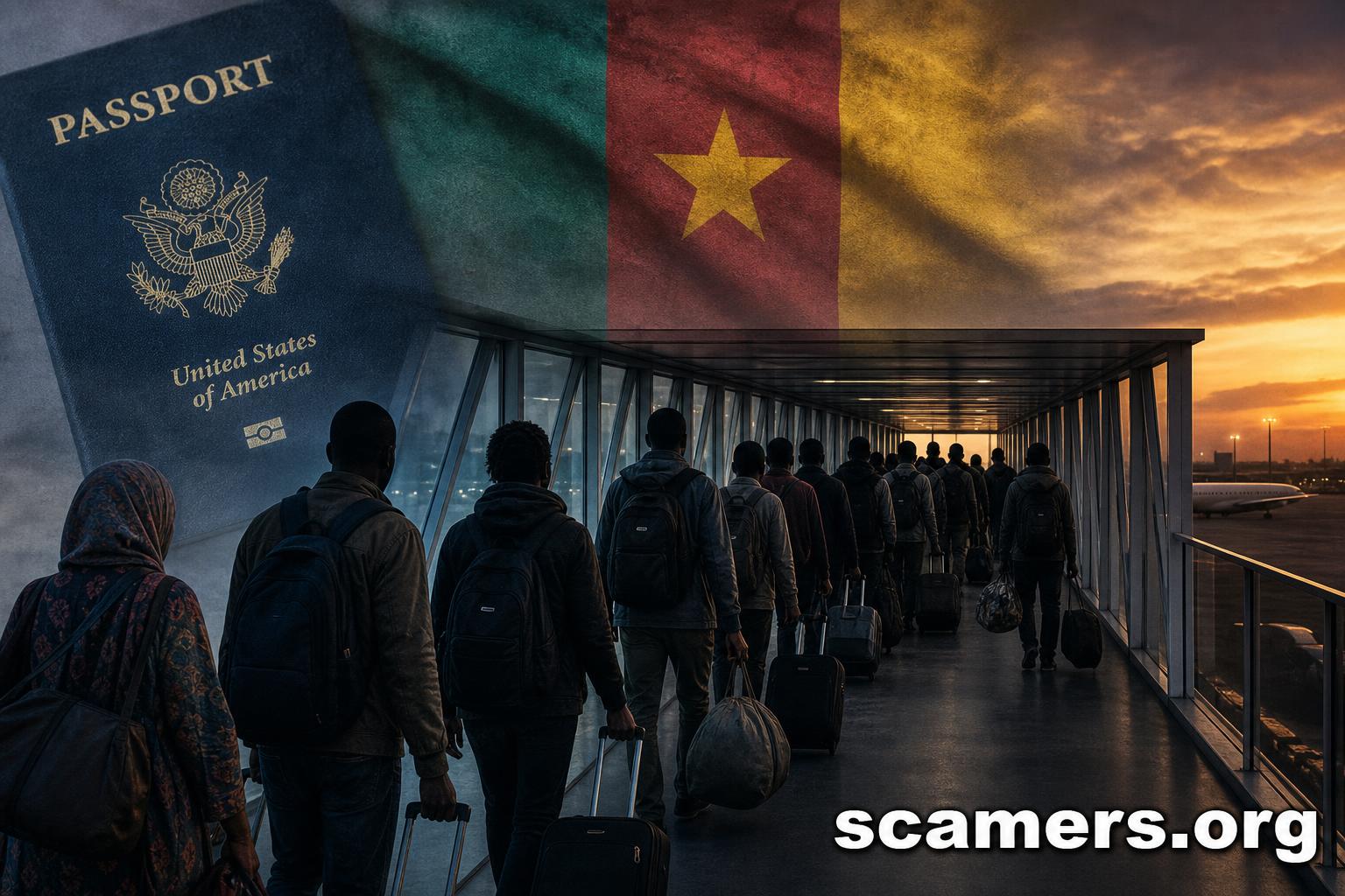 Silhouettes of West African travelers walking down an airport jet bridge at dusk, overlaid with a US passport and the Cameroonian flag.