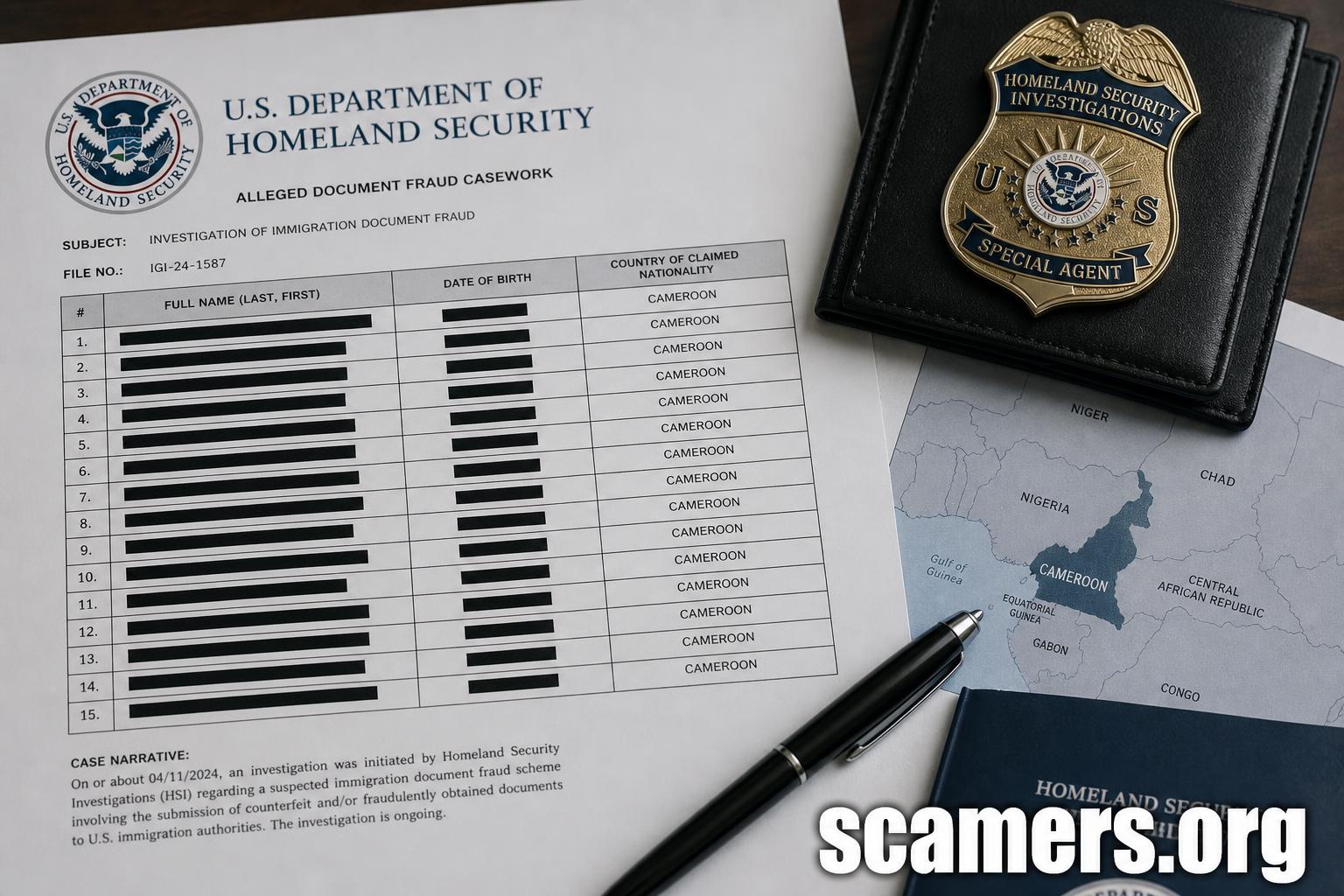 Redacted DHS deportation casework showing 15 Cameroonian names, a Homeland Security Investigations badge, and a map of Cameroon — watermarked scamers.org