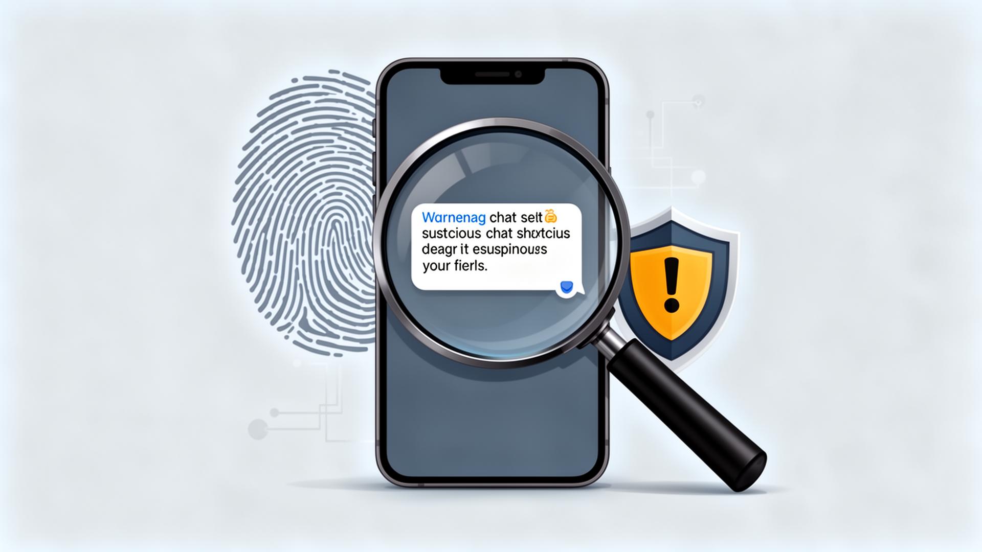 Magnifying glass over a smartphone with a suspicious chat message, surrounded by a digital fingerprint and warning shield.