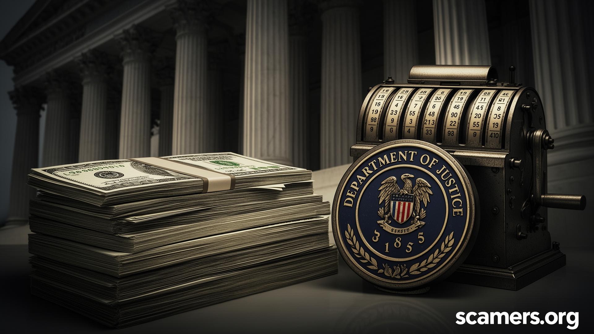 Stacks of US dollar bills beside a Department of Justice seal in front of courthouse columns — scamers.org watermark.