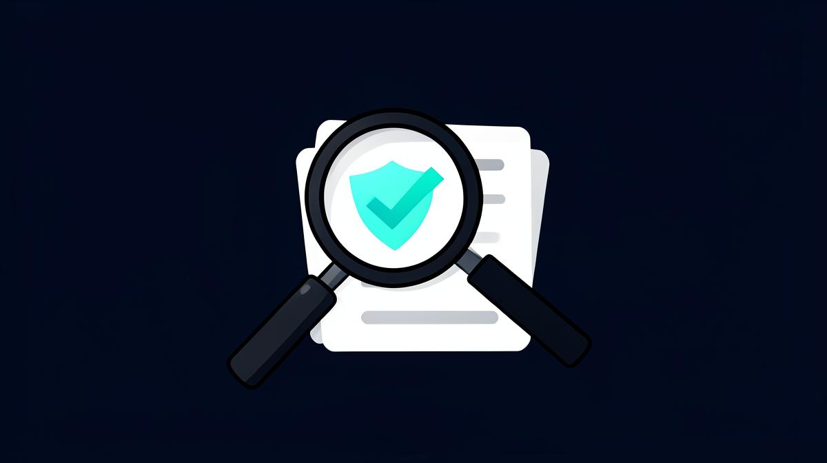 Magnifying glass over a stack of report cards with one verified checkmark shield.