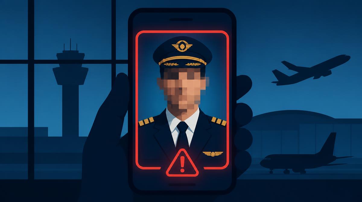 Illustration of a fake dating profile using a stolen airline pilot photo, face pixelated, marked with a warning
