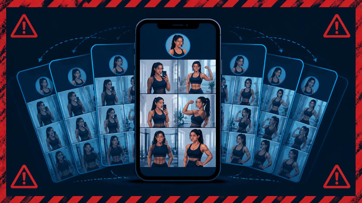 Illustration of a creator's photo album cloned into multiple fake profiles, faces pixelated, marked with a warning