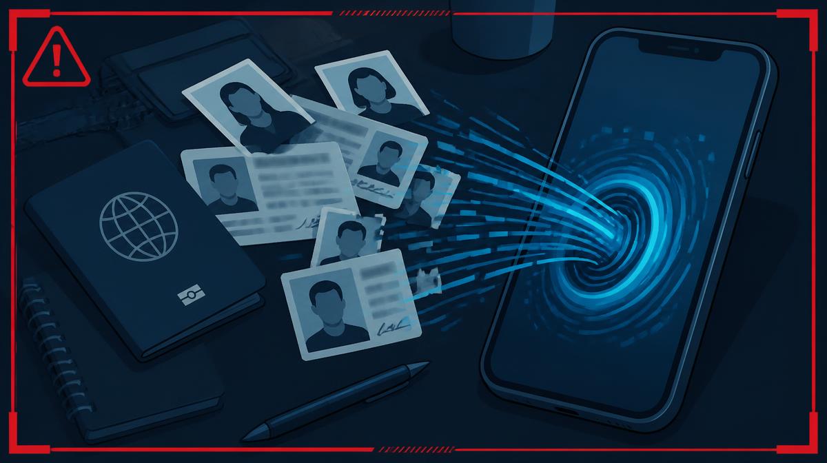 Illustration of stolen passports and ID cards being pulled into a phone, personal details blurred