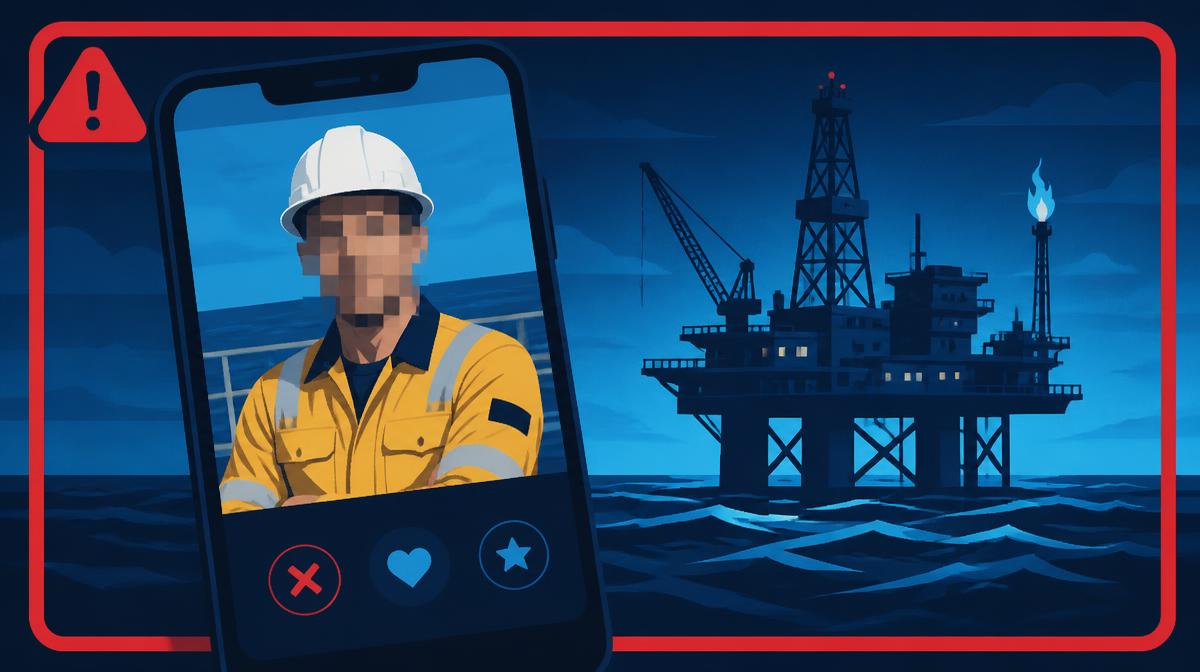 Illustration of a fake profile using a stolen offshore rig engineer photo, face pixelated, marked with a warning