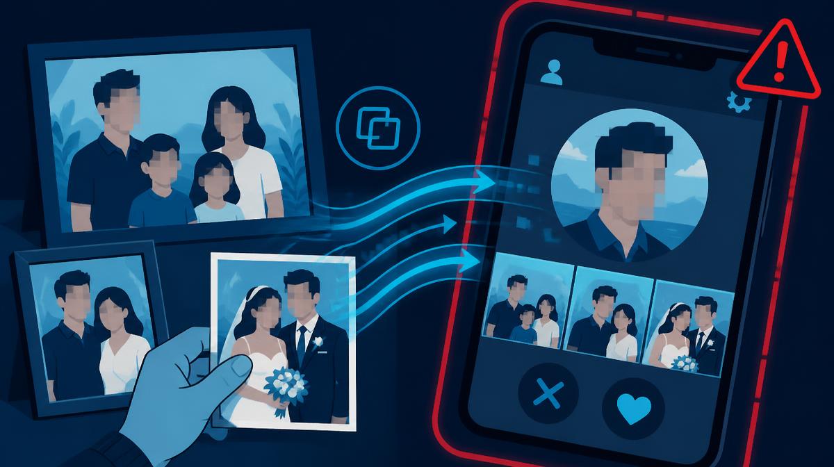 Illustration of stolen family and wedding photos copied into a fake dating profile, faces pixelated