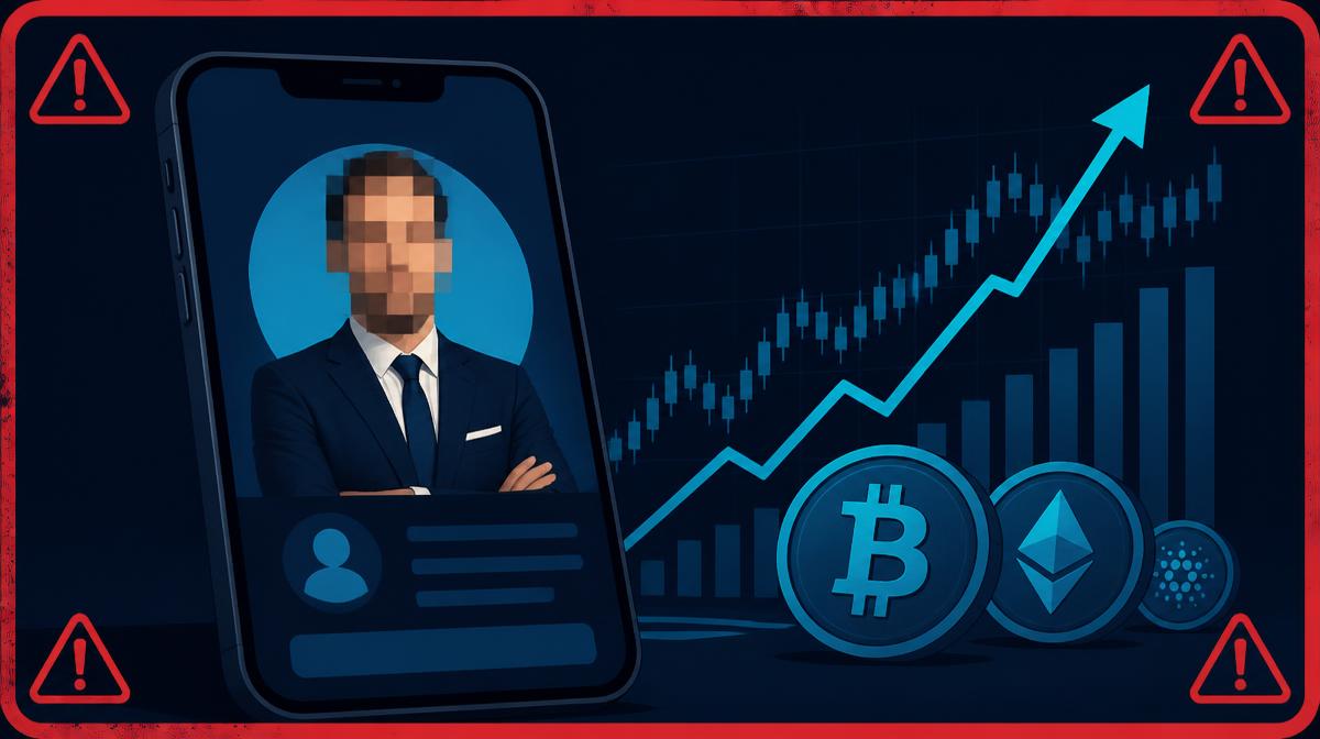 Illustration of a fake investment adviser profile using a stolen portrait, face pixelated, marked with a warning