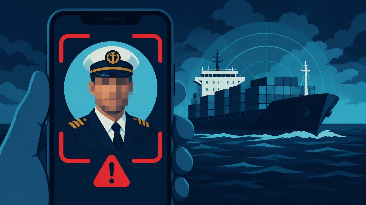 Illustration of a fake profile using a stolen ship captain photo, face pixelated, marked with a warning