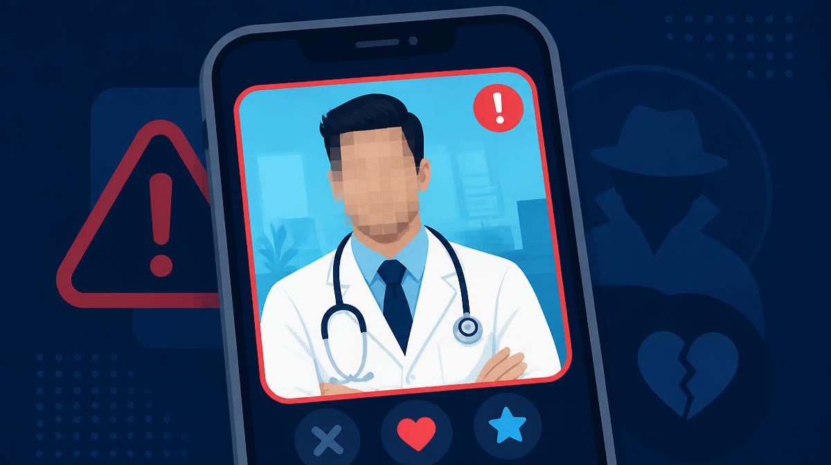 Illustration of a fake dating profile using a stolen doctor photo, face pixelated, marked with a warning