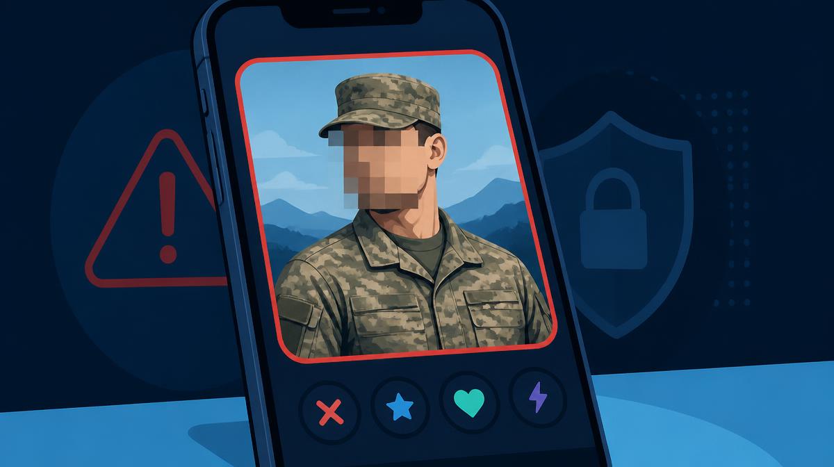 Illustration of a fake dating profile using a stolen soldier photo, face pixelated, marked with a warning