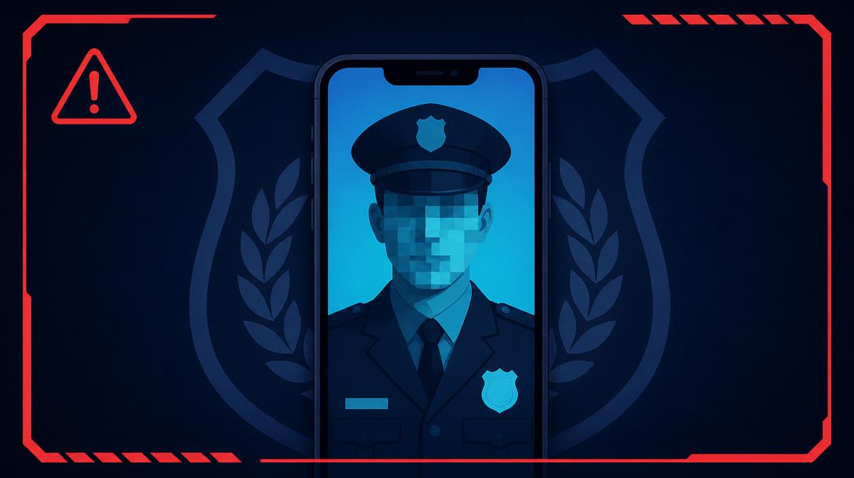 Illustration of a fake profile using a stolen police officer photo, face pixelated, marked with a warning